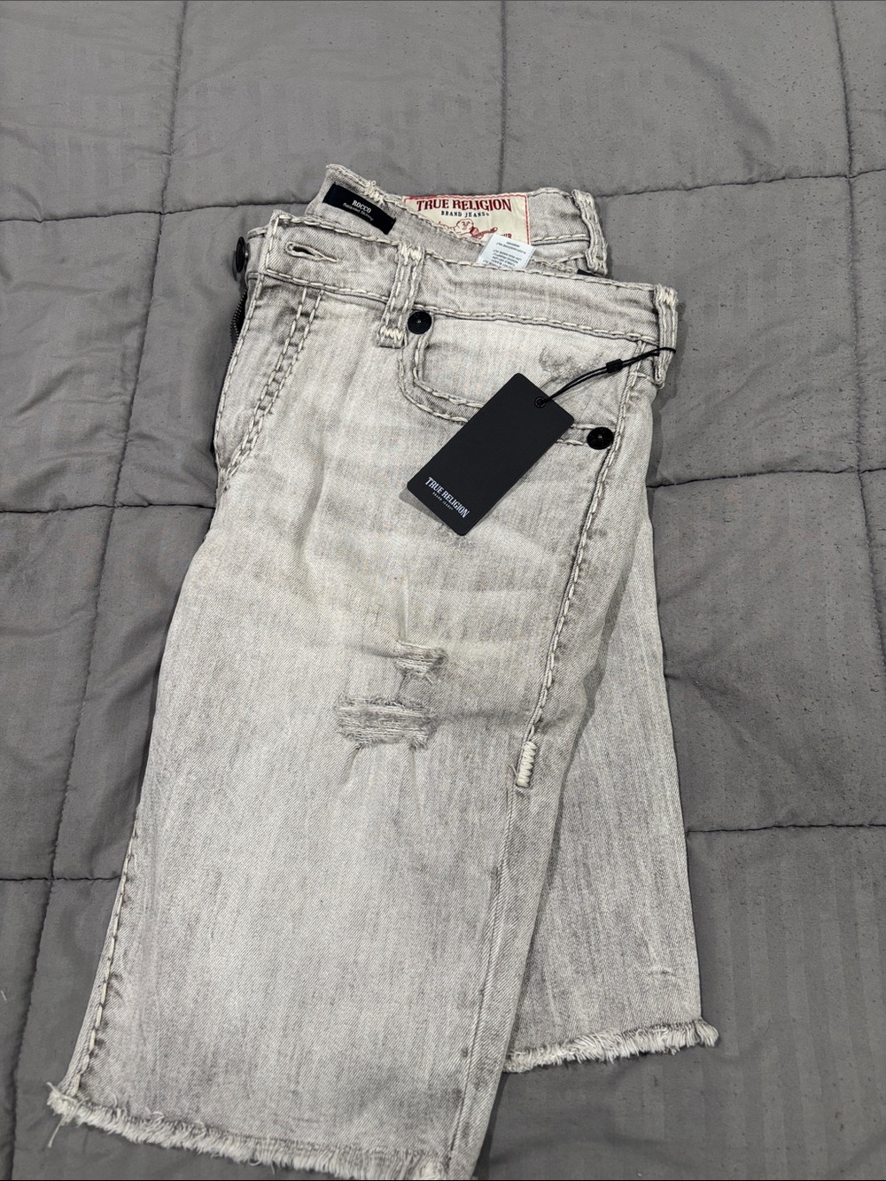 True Religion Men’s Light Gray Slim Straight Distressed Jeans